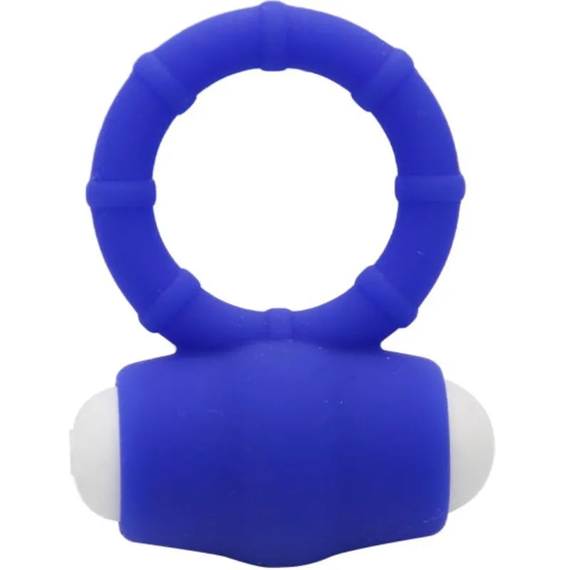 Anneau vibrant bleu en silicone médical, étanche, ergonomique, compact, avec détails texturés pour stimulation intime.