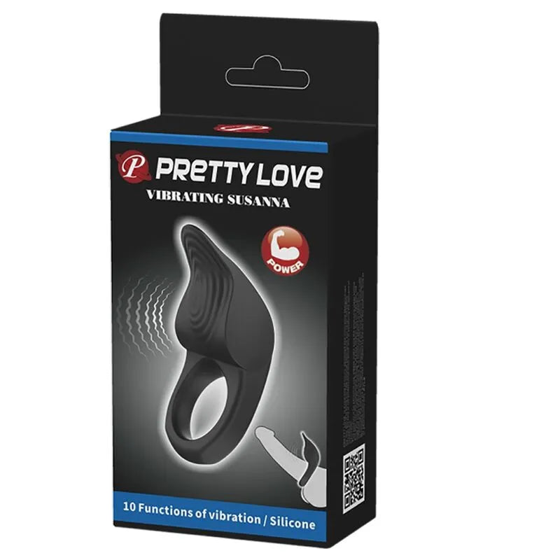 Anneau vibrant pénien noir en silicone, rechargeable, avec capteur tactile, sur fond d'emballage élégant et moderne.
