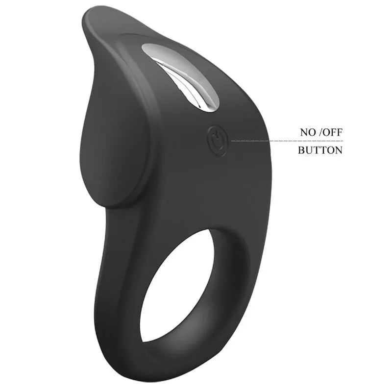 Anneau vibrant pénien noir en silicone, rechargeable, avec capteur tactile et bouton ON/OFF, design ergonomique.