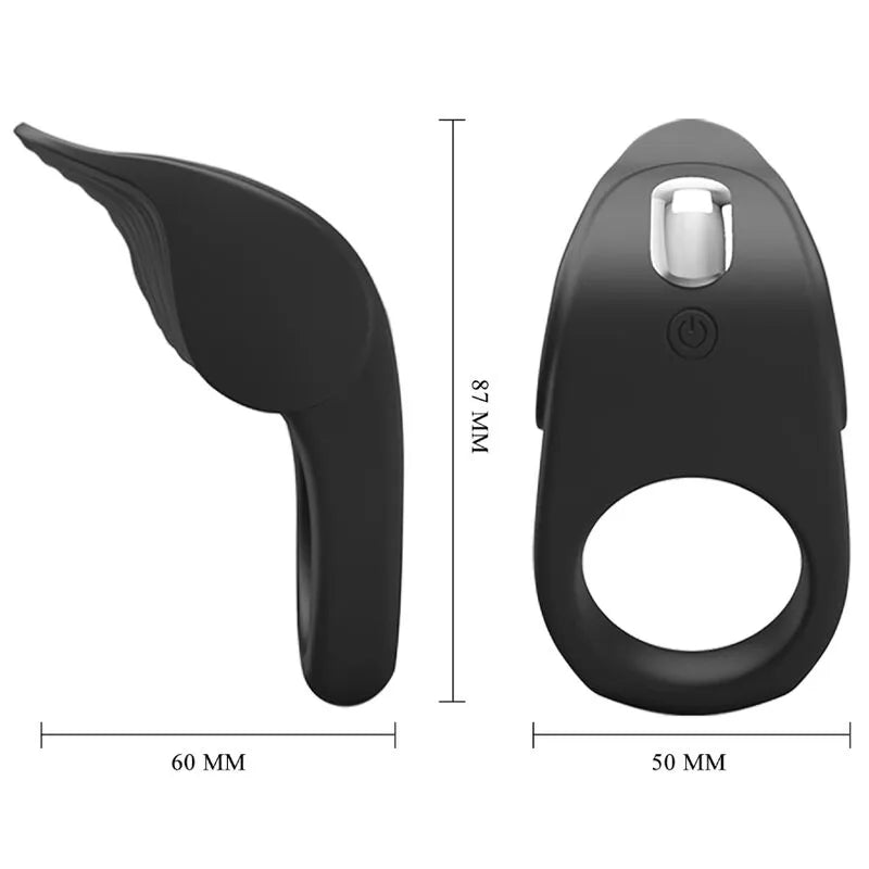 Anneau vibrant pénien noir en silicone, rechargeable, capteur tactile, dimensions 87x60x50mm, design ergonomique.