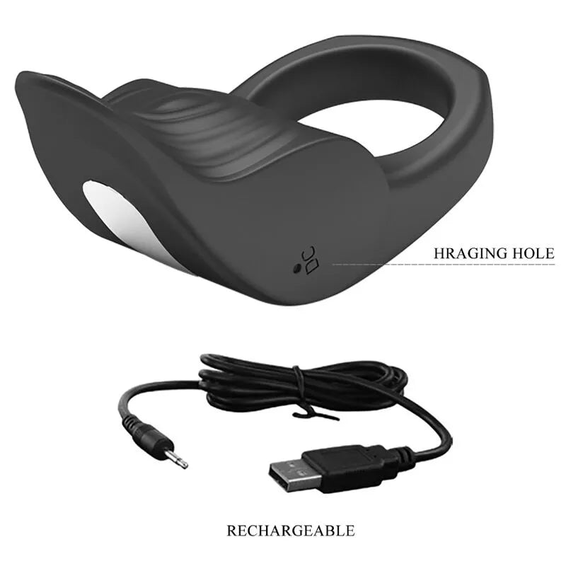 Anneau vibrant pénien noir en silicone, rechargeable, avec capteur tactile et câble USB, pour confort et prolongation érec...