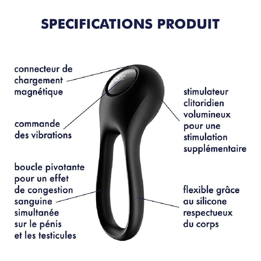 Anneau vibrant noir Satisfyer Majestic Duo, silicone flexible, stimulateur clitoridien, 12 vibrations, étanche IPX7.