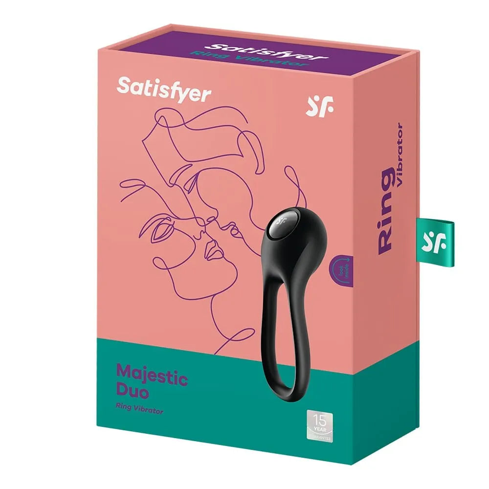 Anneau vibrant noir Satisfyer Majestic Duo, silicone, USB rechargeable, boîte rose et verte, 12 programmes, étanche IPX7.