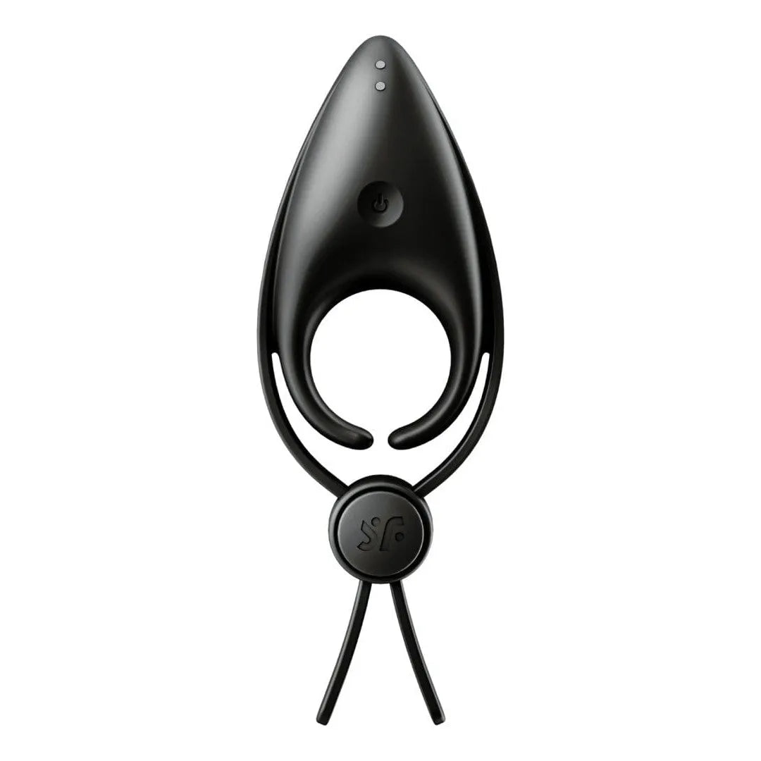 Anneau vibrant noir en silicone ajustable avec deux boucles, design ergonomique, étanche IPX7, pour couples.