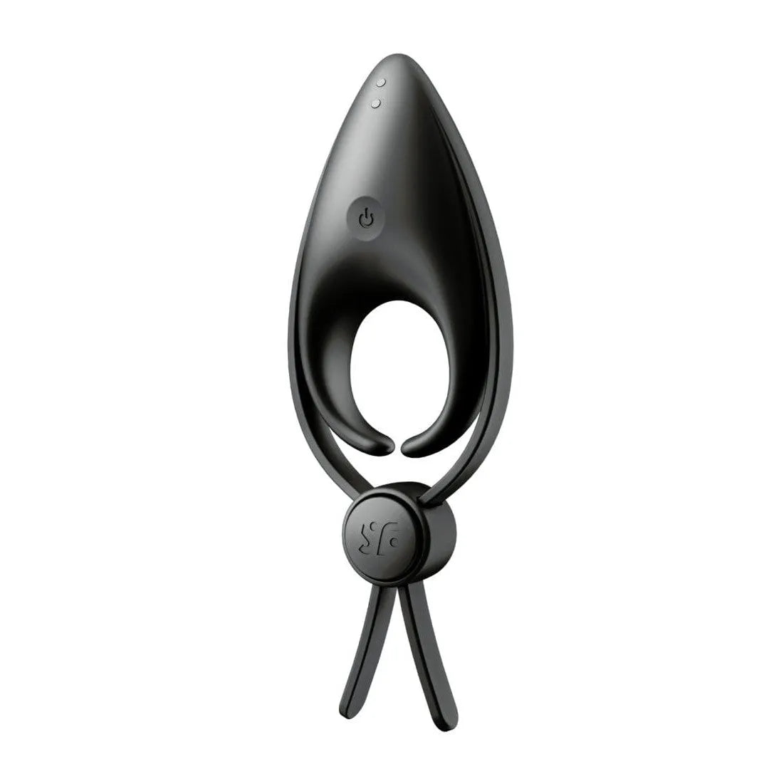 Anneau vibrant noir en silicone ajustable, design ergonomique, deux boucles, moteur puissant, étanche IPX7, rechargeable.