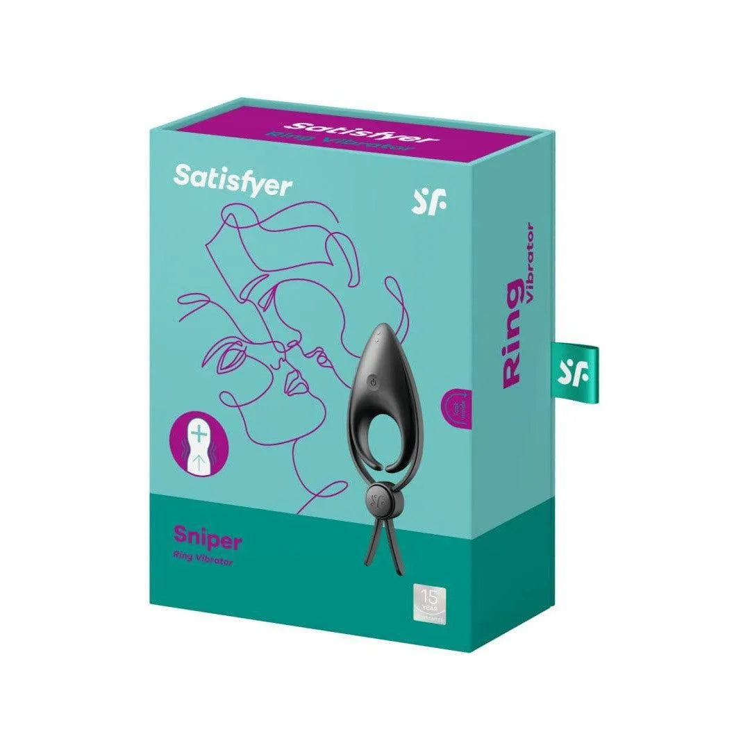 Anneau vibrant noir en silicone ajustable, étanche IPX7, sur fond de boîte turquoise avec illustrations stylisées.