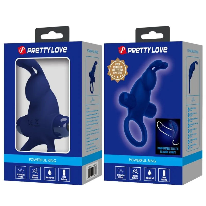 Anneau vibrant silicone bleu, ergonomique, 10 vibrations, dans emballage, stimulation intime, couple, pile AAA.