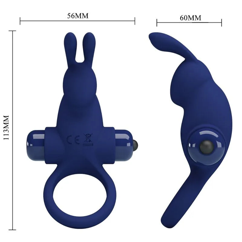 Anneau vibrant bleu en silicone, forme ergonomique, 10 vibrations, stimulation intime, dimensions visibles, pile AAA.