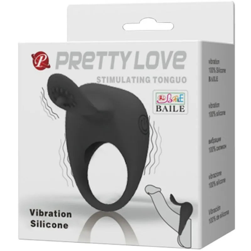 Anneau vibrant noir en silicone, ergonomique, ajustable, avec stimulation clitoridienne, pour couples, sur fond blanc.
