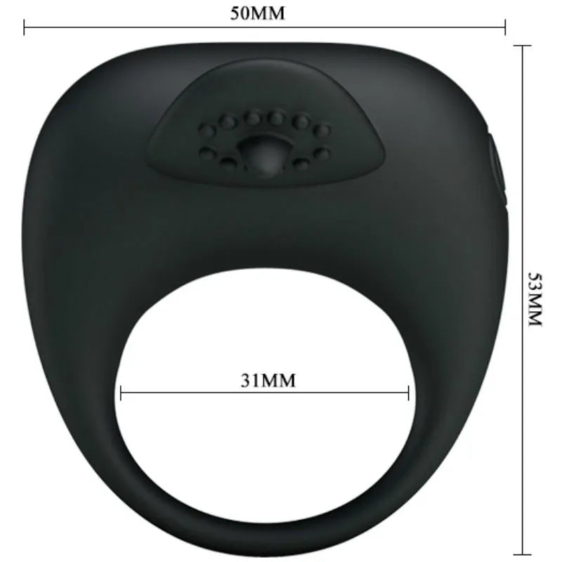 Anneau vibrant noir en silicone, ergonomique, ajustable, avec stimulation clitoridienne, pour couples, dimensions indiquées.