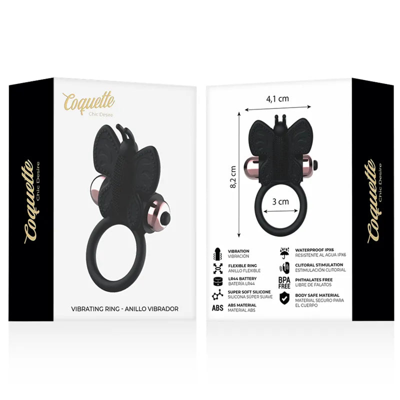 Anneau vibrant noir en silicone doux avec papillon, pour couples, stimulation mutuelle et prolongation du plaisir.