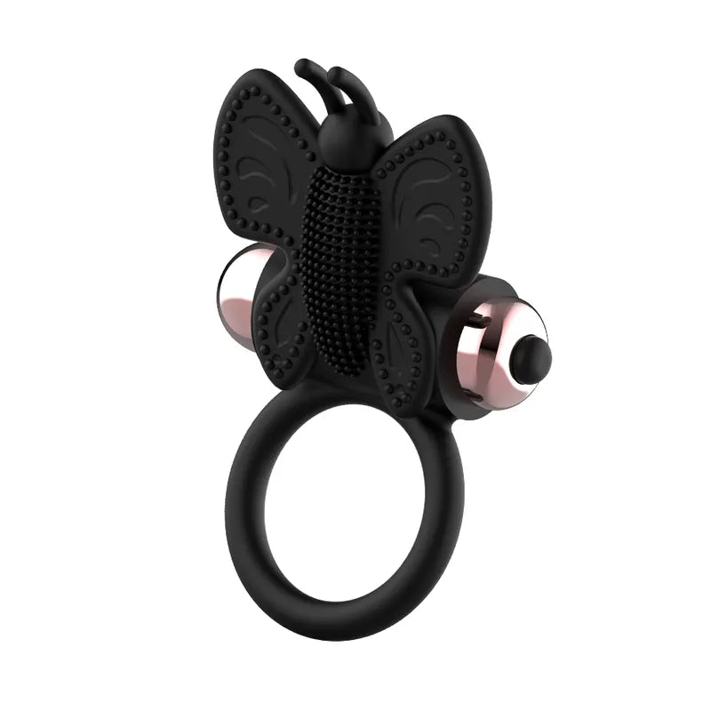 Anneau vibrant noir en silicone, forme papillon, stimulation mutuelle, luxe, érection prolongée, plaisir couple.