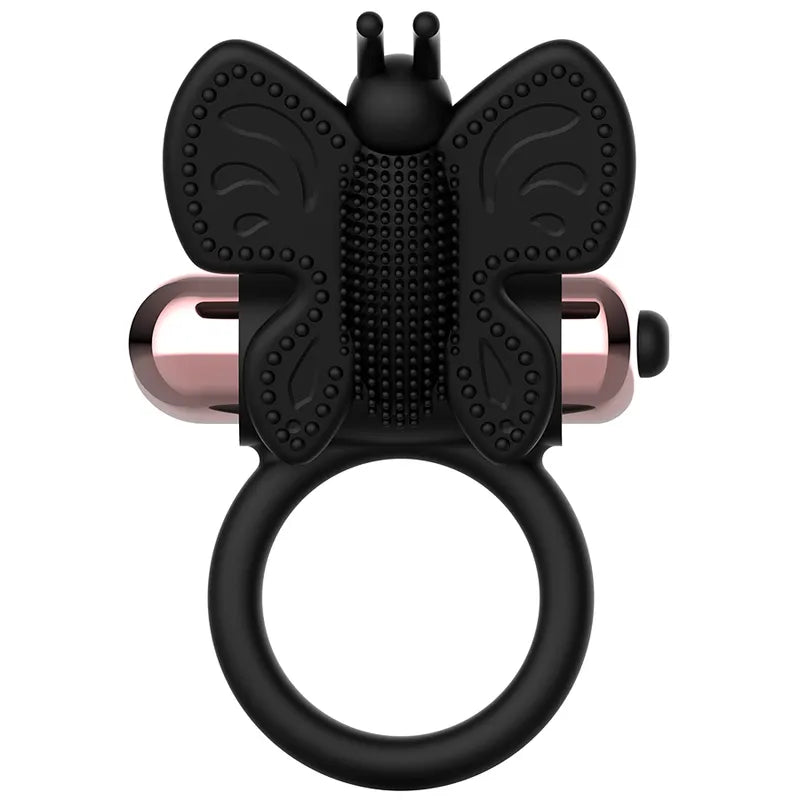 Anneau vibrant noir en silicone doux, forme papillon, stimulation mutuelle, érection prolongée, plaisir intime couples.