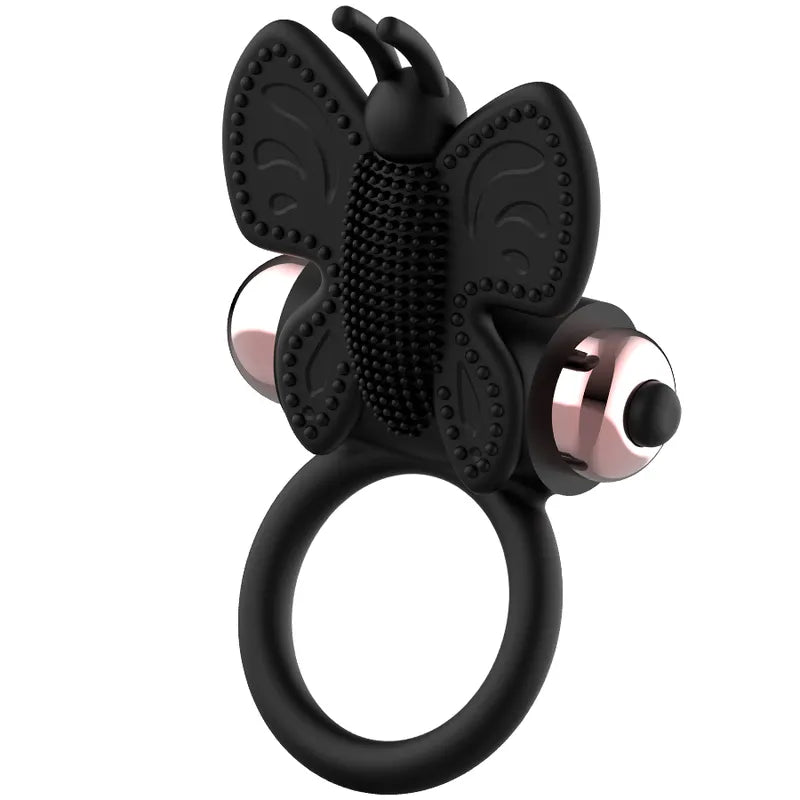Anneau vibrant noir en silicone luxe, forme papillon, stimulation mutuelle, érection prolongée, plaisir couple.