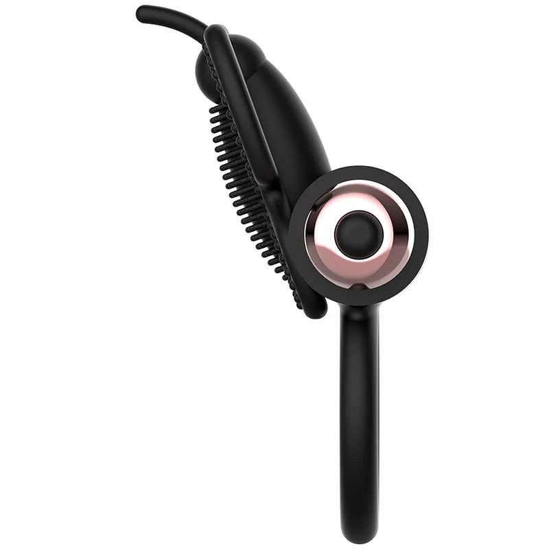 Anneau vibrant noir en silicone avec détails roses, design ergonomique pour couples, stimulation mutuelle et prolongation.