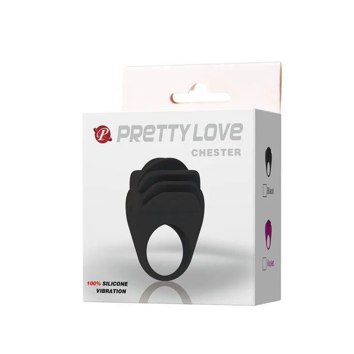 Anneau vibrant noir en silicone médical, ergonomique, rechargeable, sur fond blanc avec emballage Pretty Love Chester.