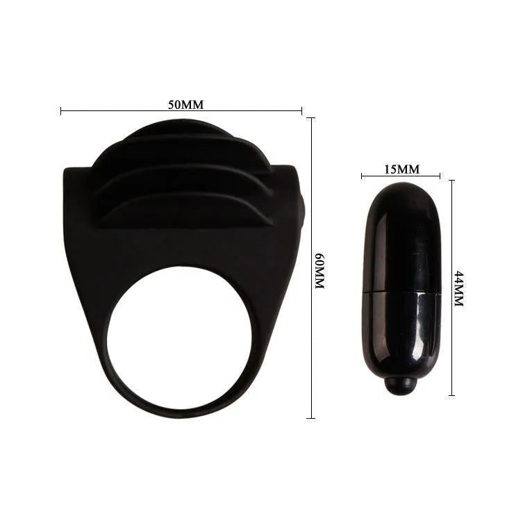 Anneau vibrant noir silicone médical avec balle vibrante, ergonomique, étanche, intensité réglable, dimensions visibles.