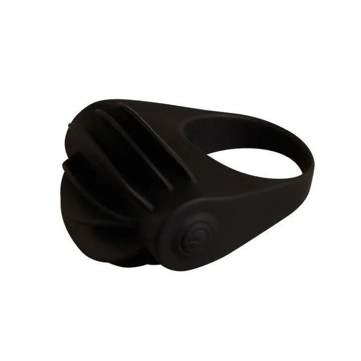 Anneau vibrant noir en silicone médical, forme ergonomique, stimulateur clitoris, rechargeable, étanche, intensité réglable.