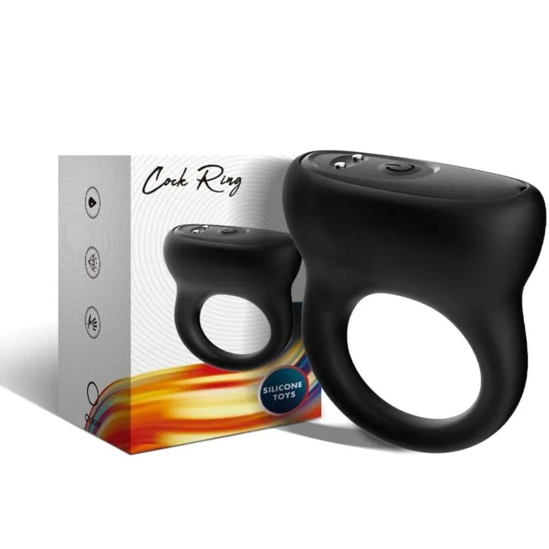Anneau vibrant noir en silicone médical, forme ergonomique, avec boîte, rechargeable, 9 modes de vibrations.