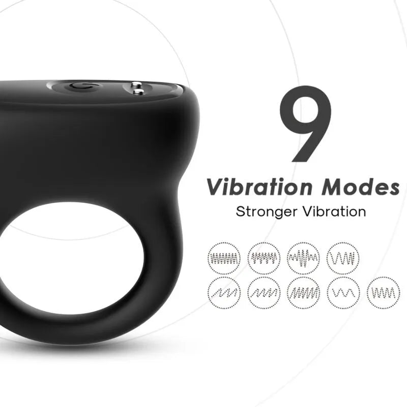Anneau vibrant noir en silicone médical avec 9 modes de vibration, rechargeable, ergonomique et étanche pour plaisir intime.