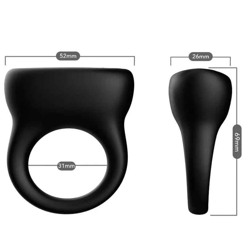 Anneau vibrant noir en silicone médical, étanche, rechargeable, avec 9 modes de vibration, dimensions indiquées.