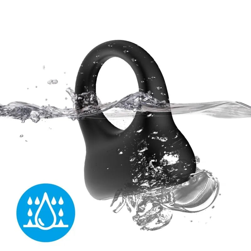 Anneau vibrant noir en silicone médical étanche, ergonomique, avec icône aquatique, idéal moments intimes, 9 modes.