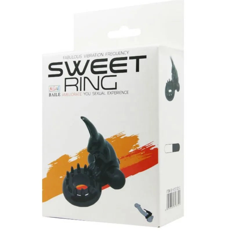 Anneau vibrant silicone noir avec lapin, stimulation clitoridienne, ergonomique, compact, piles incluses, boîte blanche.