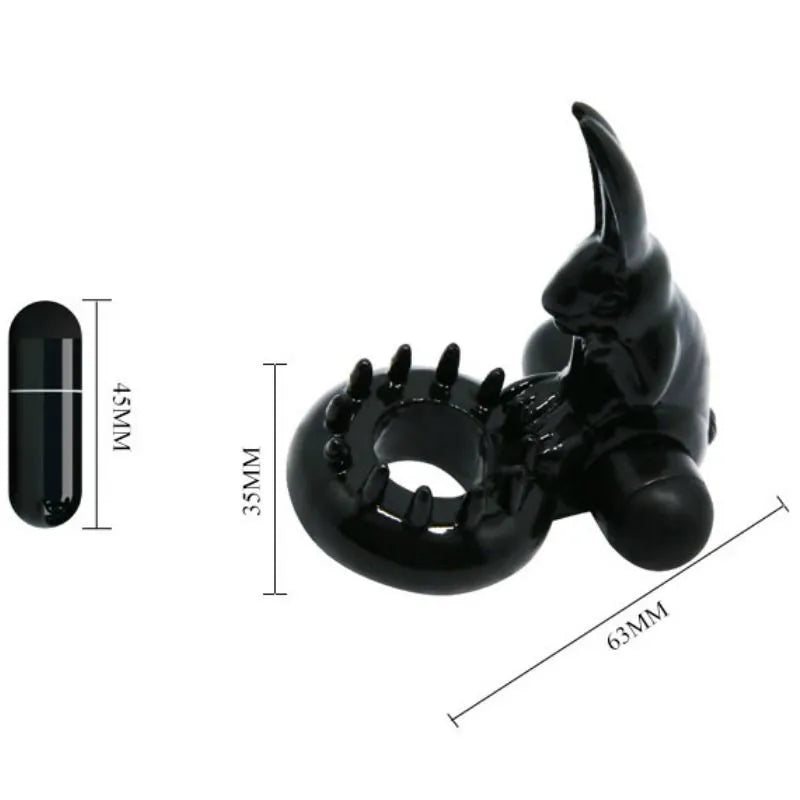 Anneau vibrant noir en silicone avec lapin pour stimulation clitoridienne, ergonomique, compact, piles incluses.