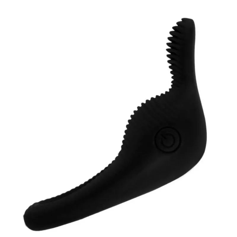 Anneau vibrant noir en silicone médical, design ergonomique, stimulation et maintien érection, bouton activation visible.
