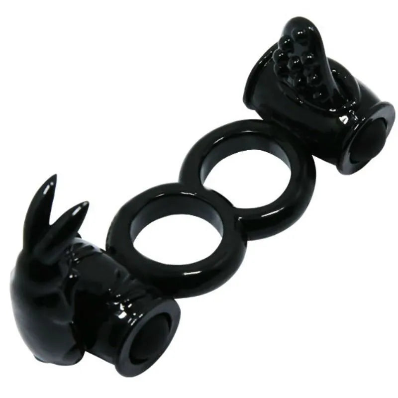 Anneau vibrant silicone noir double vibration lapin stimulation clitoridienne ergonomique ajustable confort hypoallergénique silencieux piles incluses
