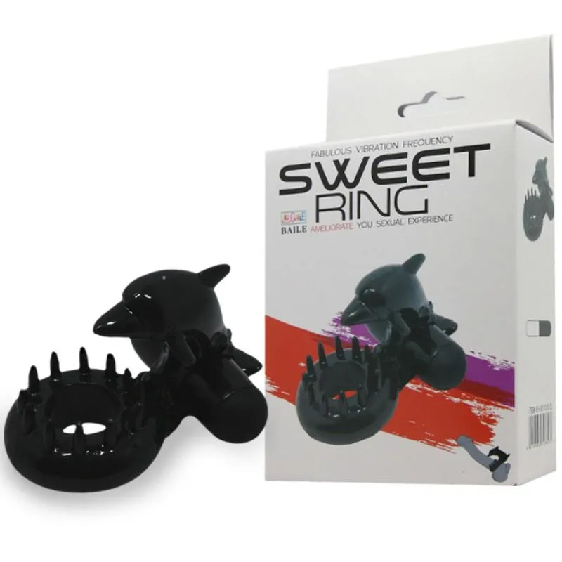 Anneau vibrant silicone noir avec moteur puissant, stimulation clitoridienne, design ergonomique, boîte incluse.