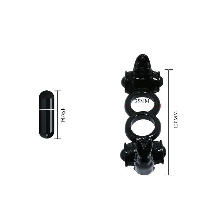 Anneau vibrant noir silicone, double vibration, lapin stimulation clitoridienne, ergonomique, ajustable, piles incluses.