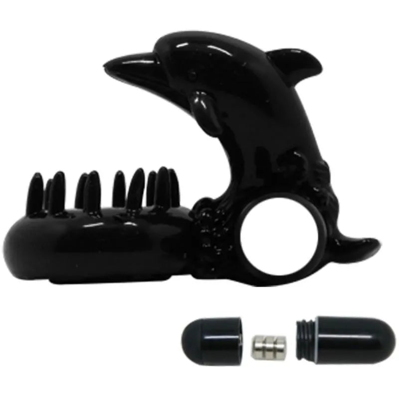 Anneau vibrant noir en silicone avec stimulation clitoridienne, moteur puissant, forme ergonomique, piles incluses.