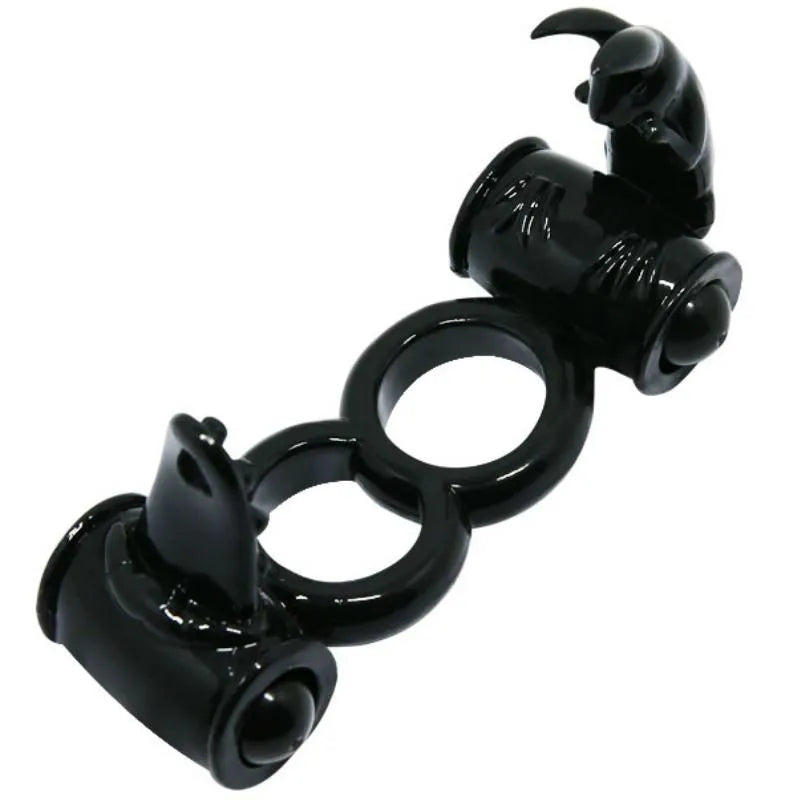 Anneau vibrant noir silicone, double vibration, lapin stimulation clitoridienne, ergonomique, hypoallergénique.