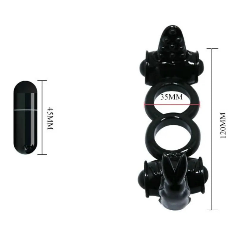 Anneau vibrant silicone noir, double vibration, forme lapin, stimulation clitoridienne, ergonomique, piles incluses.