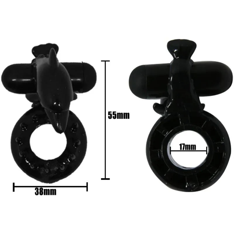 Anneau vibrant noir en silicone, stimulation clitoridienne, moteur puissant, ergonomique, dimensions 55mm x 38mm.