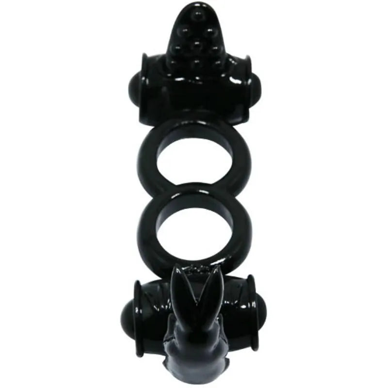 Anneau vibrant noir silicone, double vibration, forme lapin, stimulation clitoridienne, ergonomique et ajustable.
