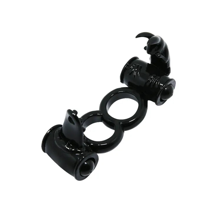 Anneau vibrant silicone noir, double vibration, design lapin, stimulation clitoridienne, ergonomique et ajustable.