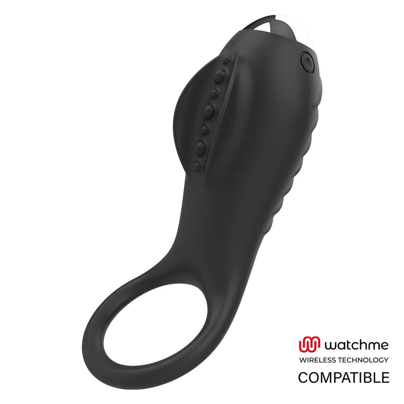 Anneau vibrant noir en silicone médical, rechargeable, avec stimulateur clitoridien et gaine vibrante, design compact.