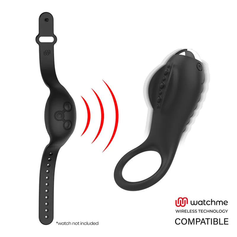 Anneau vibrant noir en silicone médical, rechargeable, avec stimulateur clitoridien et gaine vibrante, design compact.