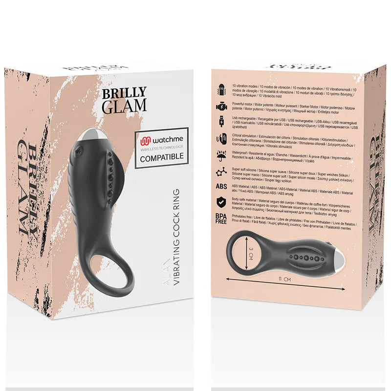 Anneau vibrant silicone noir, rechargeable, étanche, avec stimulateur clitoridien, dix modes, sur fond blanc.