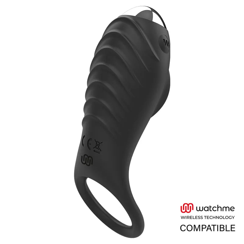 Anneau vibrant noir en silicone médical, rechargeable, avec gaine vibrante et stimulateur clitoridien, dix modes.
