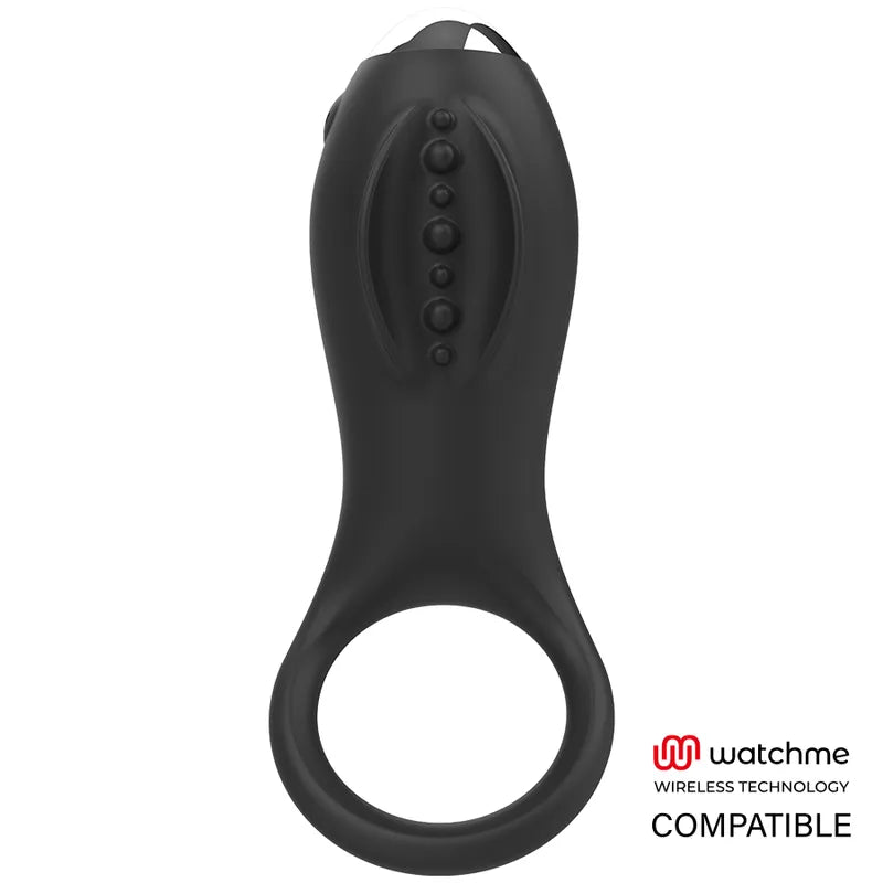 Anneau vibrant noir en silicone médical, rechargeable, avec stimulateur clitoridien et gaine vibrante, dix modes.