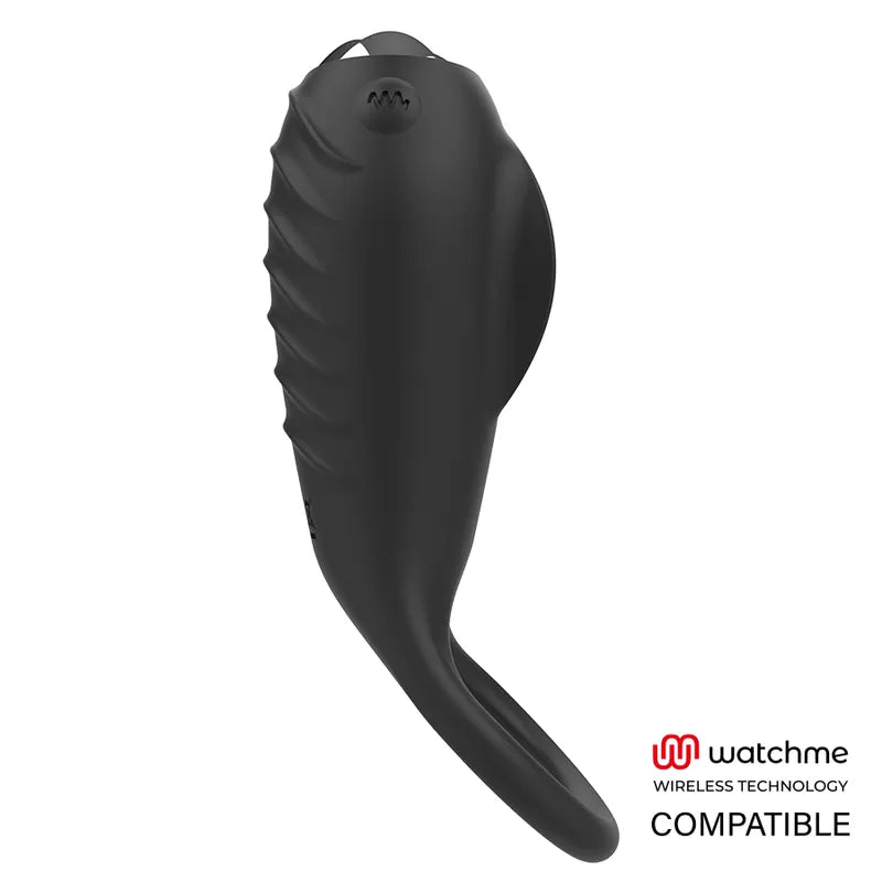 Anneau vibrant noir en silicone médical, forme ergonomique, rechargeable, étanche, avec stimulateur clitoridien intégré.