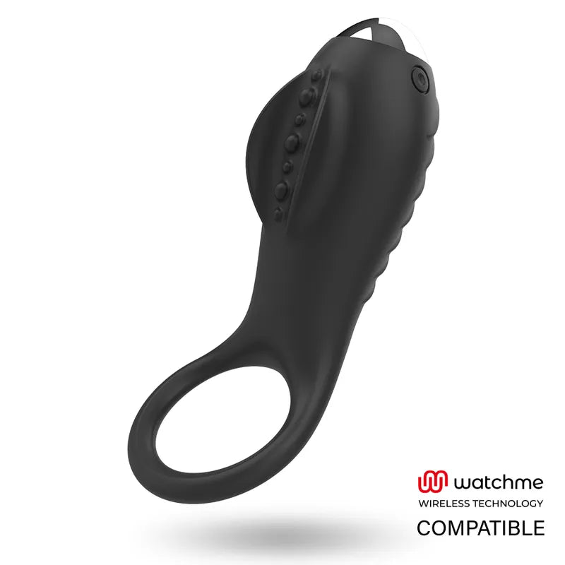 Anneau vibrant noir en silicone médical, rechargeable, avec stimulateur clitoridien texturé et gaine vibrante, étanche.
