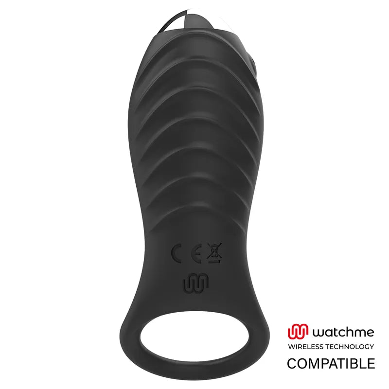Anneau vibrant noir en silicone médical, rechargeable, étanche, avec stimulateur clitoridien et dix modes vibratoires.