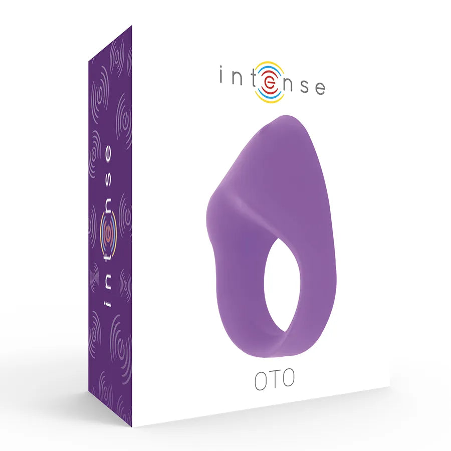 Anneau vibrant violet en silicone, étanche, 20 vitesses, sur fond blanc avec boîte Intense OTO.