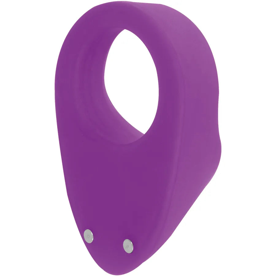 Anneau vibrant violet silicone étanche, 20 vitesses, stimulation clitoris et scrotum, compact et hypoallergénique.