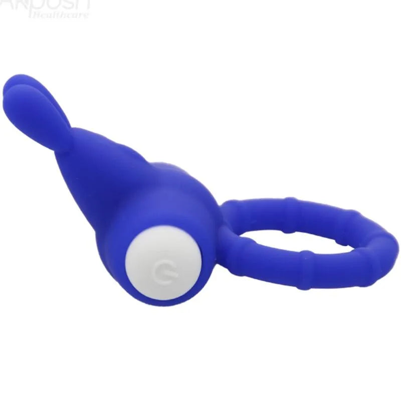 Anneau vibrant bleu en silicone médical, forme ergonomique, bouton blanc, submersible pour douche et bain.