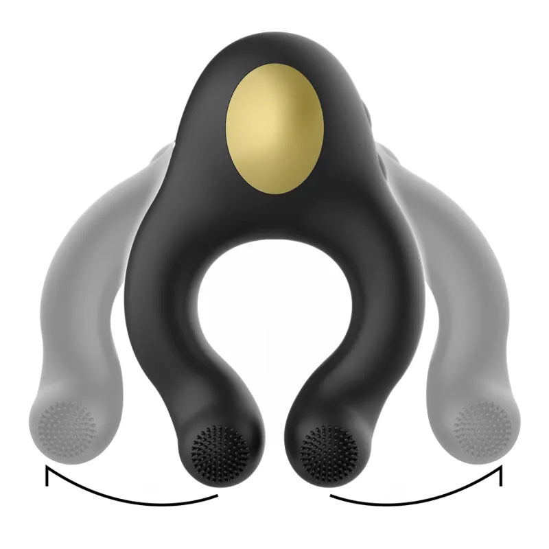 Anneau vibrant noir en silicone avec stimulateur clitoridien doré, ergonomique, étanche, pour couples, vibrations profondes.